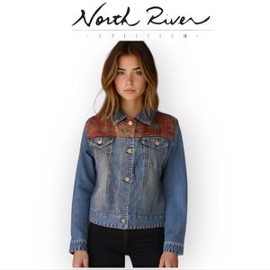 Vintage Southwest Tapestry Denim Jacket Women Small Boho Festival Layer Cozy Fun